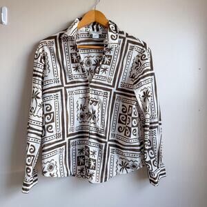 Calypso St Barth White Brown Boho Beach Button Up Shirt Small Vacation Top